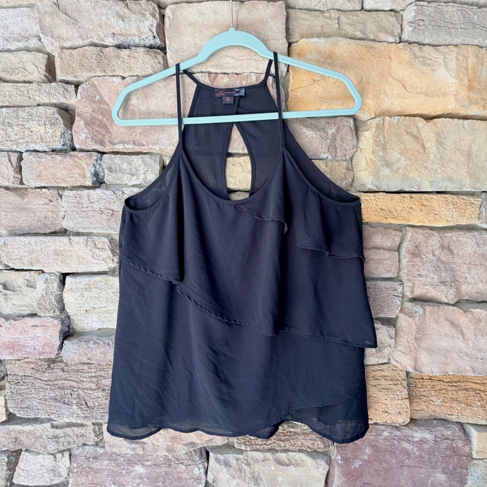 VTG JW STYLE Women XL Black Tiered Ruffle Halter Tank Top Keyhole Back Boho